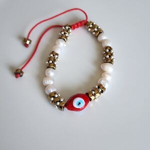 Evil Eye Beaded Bracelet with Pearls and Red Cord